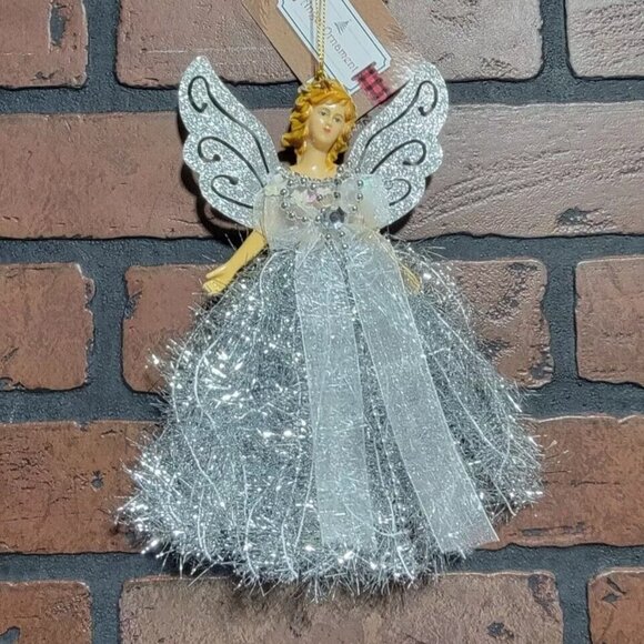 Angel Ornament ~ Holiday Decorations ~ Silver Tinsel, Beads, Jewel ~ 8 Inch - Picture 1 of 3